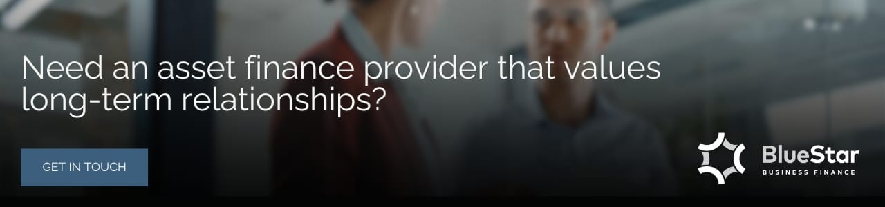 Banner with the text "Need an asset finance provider that values long-term relationships?" over a blurred office background with two people in conversation, featuring a BlueStar logo and 'Get in Touch' button