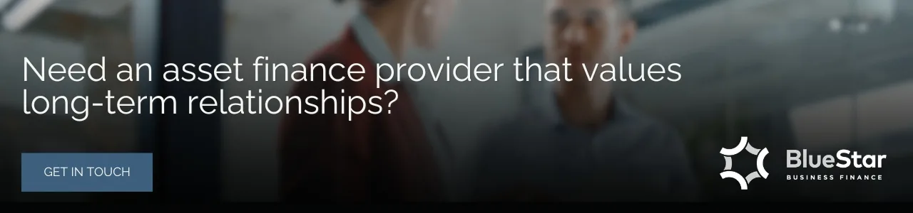 Banner with the text "Need an asset finance provider that values long-term relationships?" over a blurred office background with two people in conversation, featuring a BlueStar logo and 'Get in Touch' button