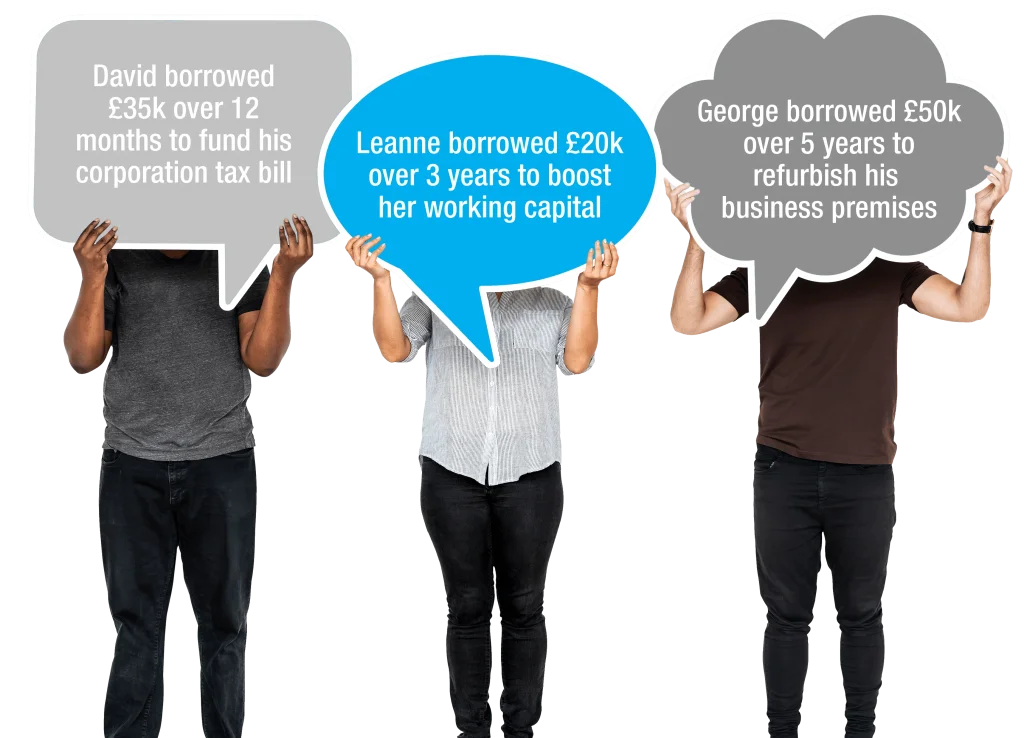 3 people holding up speech bubbles referring to examples of how Bluestar helped businesses with commercial loans