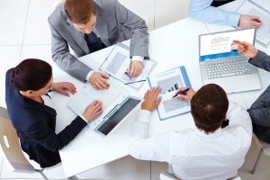 Overhead view of people in business meeting