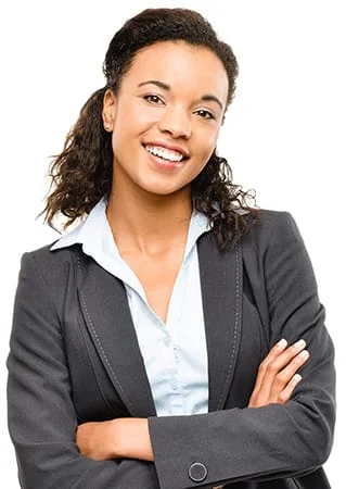 Businesswoman wearing a grey suit, arms crossed and smiling into the camera