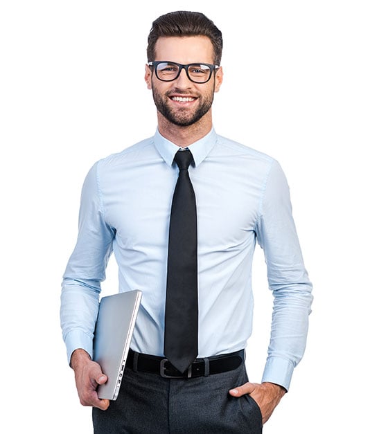 corporate-social A friendly businessman holding a laptop in one hand