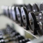 dumbbells lined up on shelf in gym