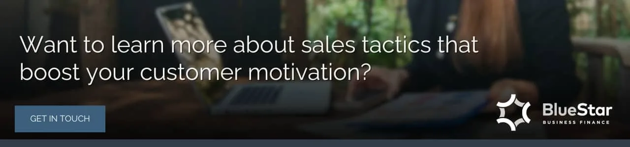 Banner with text "Want to learn more about sales tactics that boost your customer motivation?" and a 'Get in Touch' button beside BlueStar logo