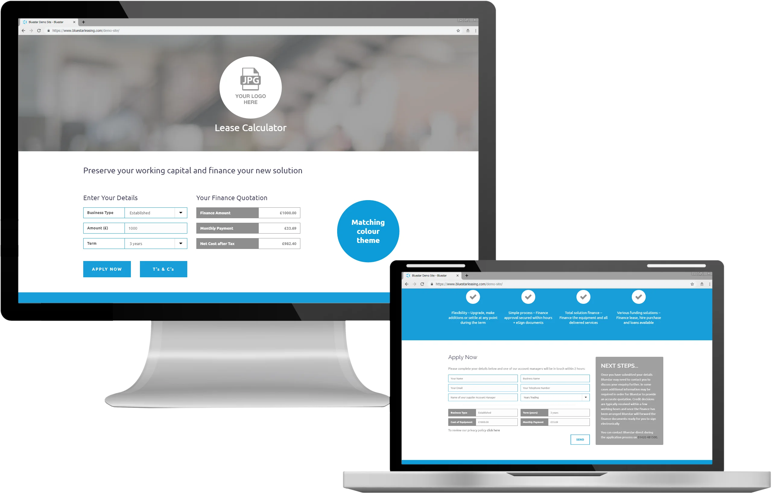 supplierpageexample_bluestarleasing_landingpage iMac and Macbook displaying the Bluestar supplier landing page