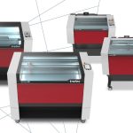 Four different Trotec laser cutter machines displayed on a white background with subtle line graphics and a red-blue geometric logo